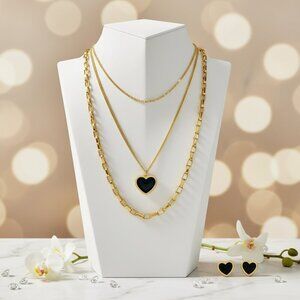 🆕️Elegant 18K Gold Plated Triple Layer Necklace & Heart Earrings Trendy Set ✨